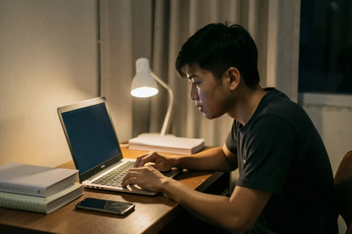 Một chàng trai trẻ ngồi bên bàn gỗ, cúi nhìn laptop, bên cạnh có đèn bàn, điện thoại và chồng sổ, rèm kéo kín phía sau