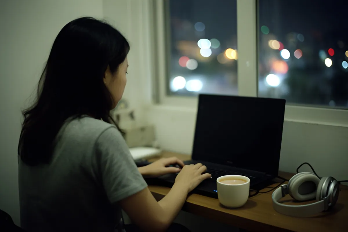 Một phụ nữ tóc dài ngồi quay lưng làm việc trên máy tính xách tay bên cửa sổ đêm, trên bàn có cốc sữa và tai nghe