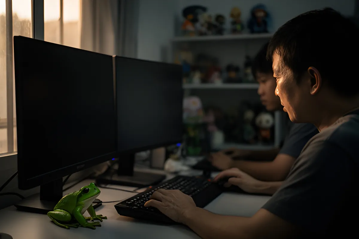 Hai người đàn ông ngồi làm việc trước hai màn hình tắt ở một phòng nhỏ, một bàn tay đặt trên bàn phím