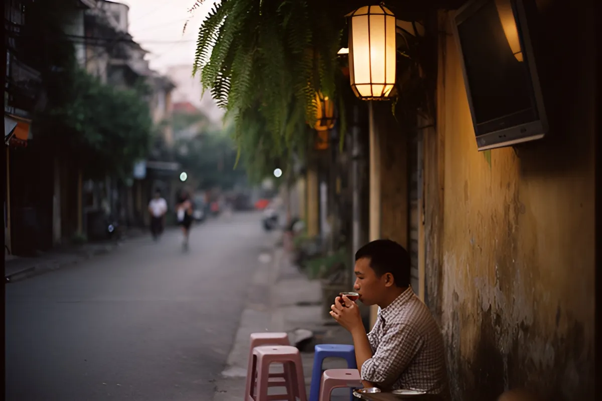 Một người đàn ông mặc áo sọc caro ngồi bên tường vàng, tay cầm tách trà nhỏ