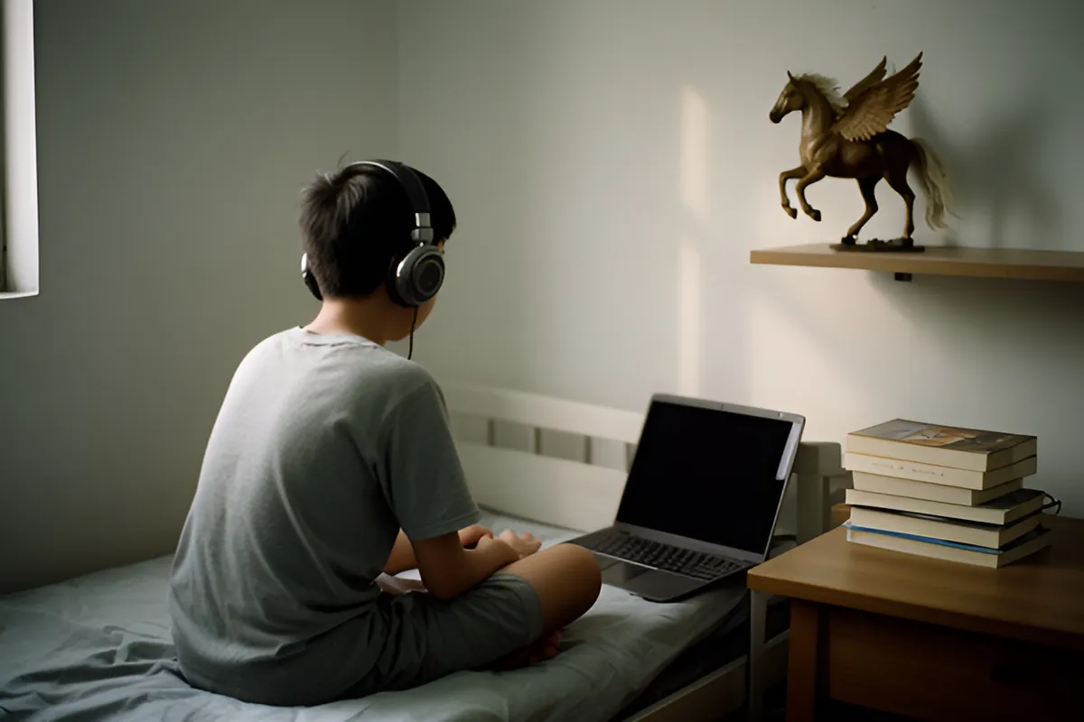 Một thiếu niên ngồi xếp bằng trên giường, đeo tai nghe, quay lưng, bên cạnh là laptop và chồng sách