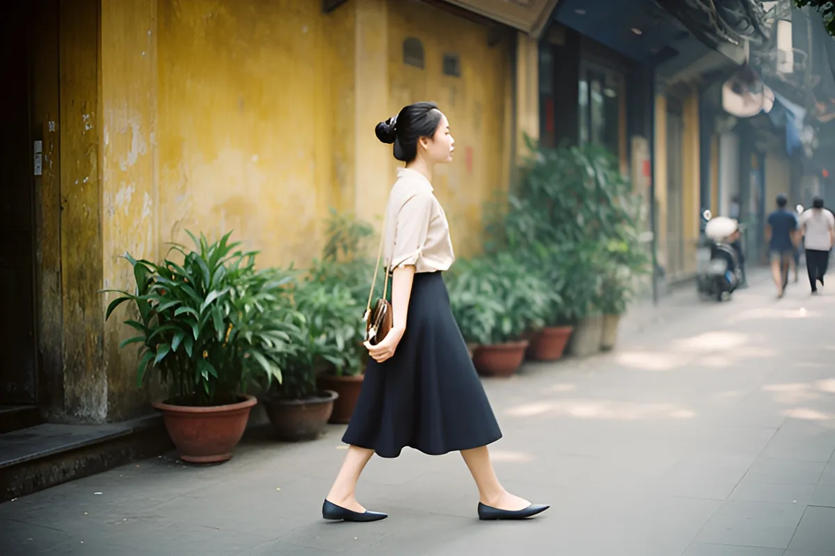 Một phụ nữ tóc búi đi bộ nghiêng mình trên vỉa hè, tay cầm túi nhỏ, bên tường vàng với chậu cây xanh, vài người ở xa