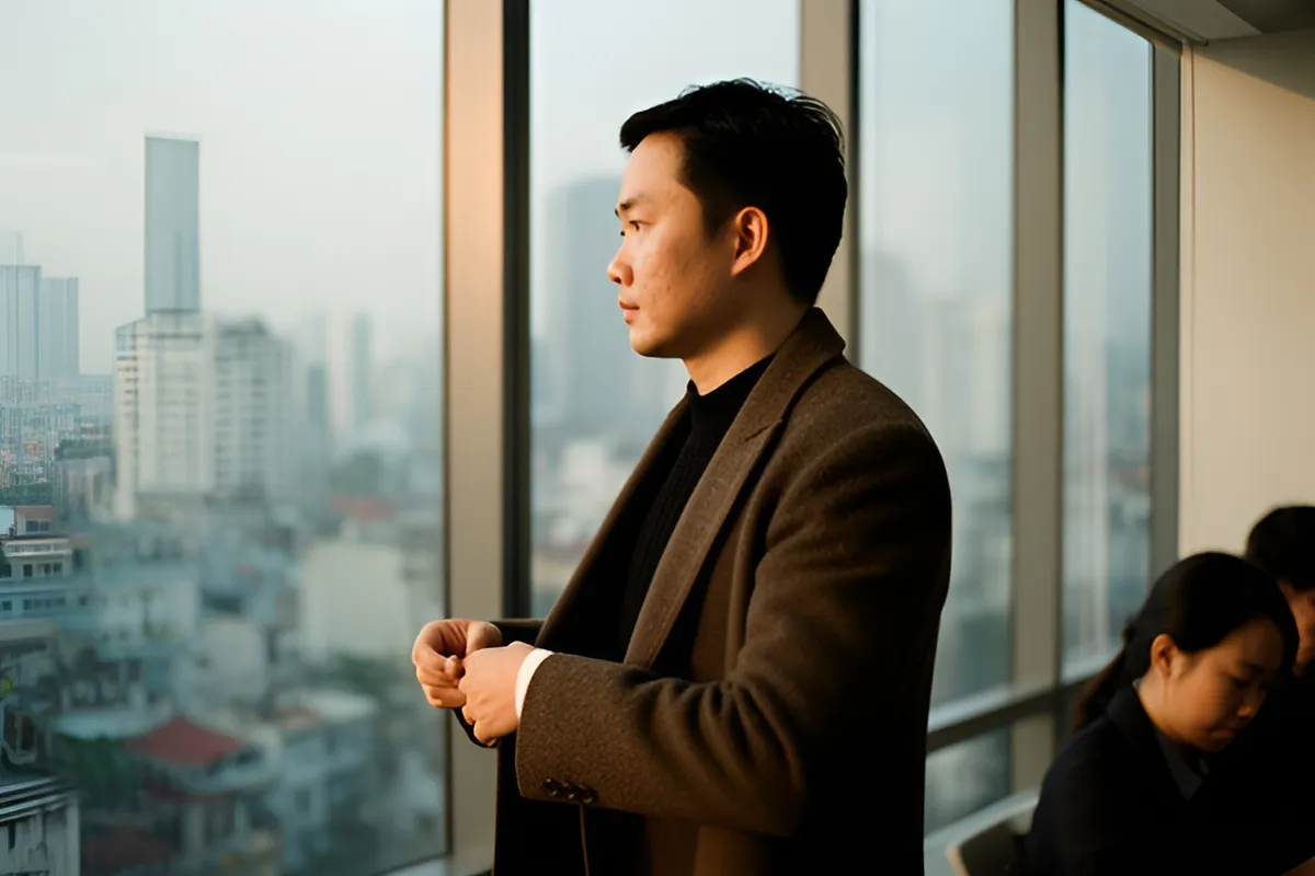 Một người đàn ông đứng nghiêng bên cửa kính lớn nhìn ra thành phố sương mờ, tay đang chỉnh lớp áo khoác nâu