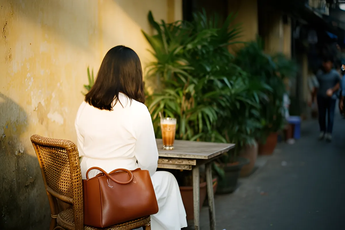 Một người phụ nữ tóc dài mặc váy trắng ngồi quay lưng tại bàn gỗ ven đường, bên cạnh ly cà phê sữa đá
