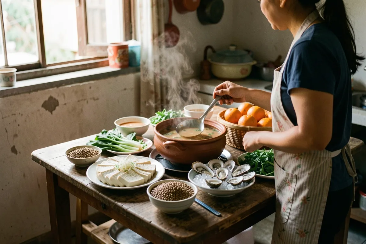 Một phụ nữ mặc tạp dề múc canh từ nồi đất trên bàn gỗ, có đậu phụ, hàu trên đá, rau xanh và rổ cam, ánh sáng cửa sổ ấm áp