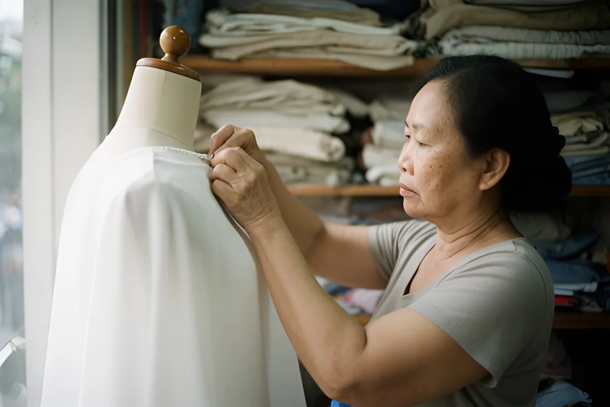 Một người phụ nữ trung niên đang ghim phần vai chiếc váy trắng trên ma-nơ-cán trong tiệm may, phía sau là kệ xếp đầy vải