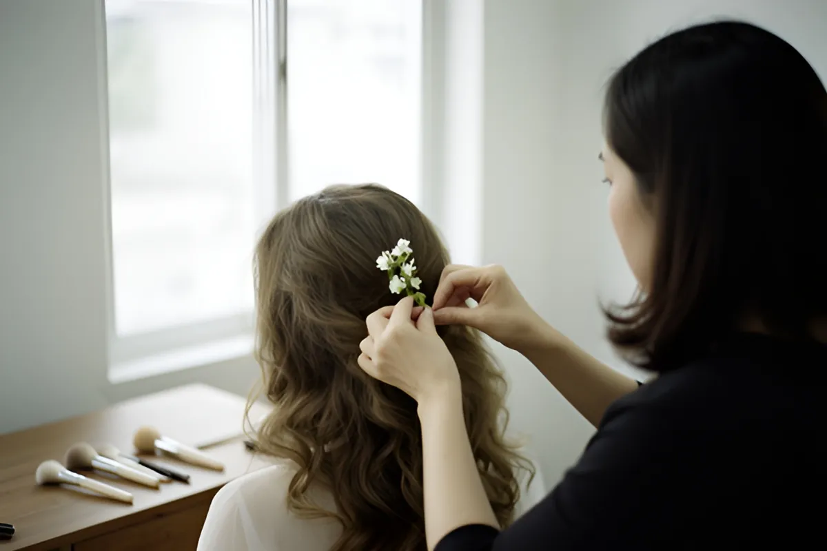 Một người phụ nữ tóc đen đang cài nhánh hoa trắng lên mái tóc xoăn của cô gái ngồi quay lưng bên cửa sổ