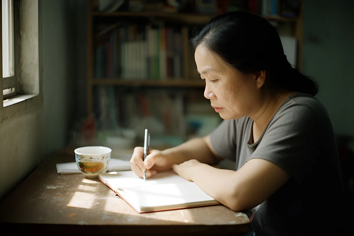 Một phụ nữ trung niên ngồi nghiêng bên bàn gỗ nhỏ cạnh cửa sổ, cầm bút viết vào sổ mở, cạnh đó có chén trà