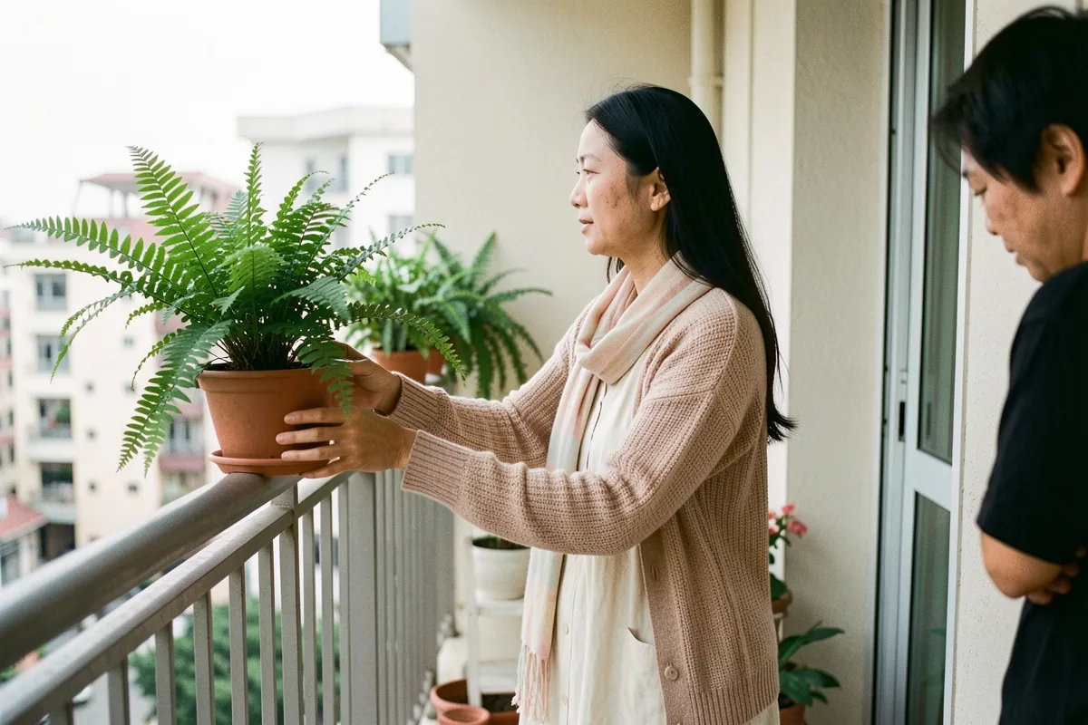 Người phụ nữ nhìn nghiêng đặt chậu cây dương trên lan can ban công, bên phải có người đàn ông mặc áo đen, ánh sáng dịu