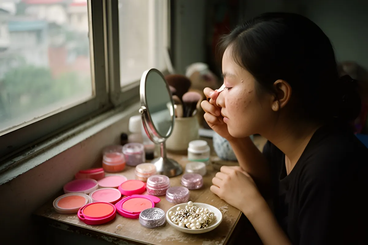 Một phụ nữ trẻ ngồi cạnh bàn trang điểm nhỏ bên cửa sổ, đang trang điểm mắt trước gương tròn