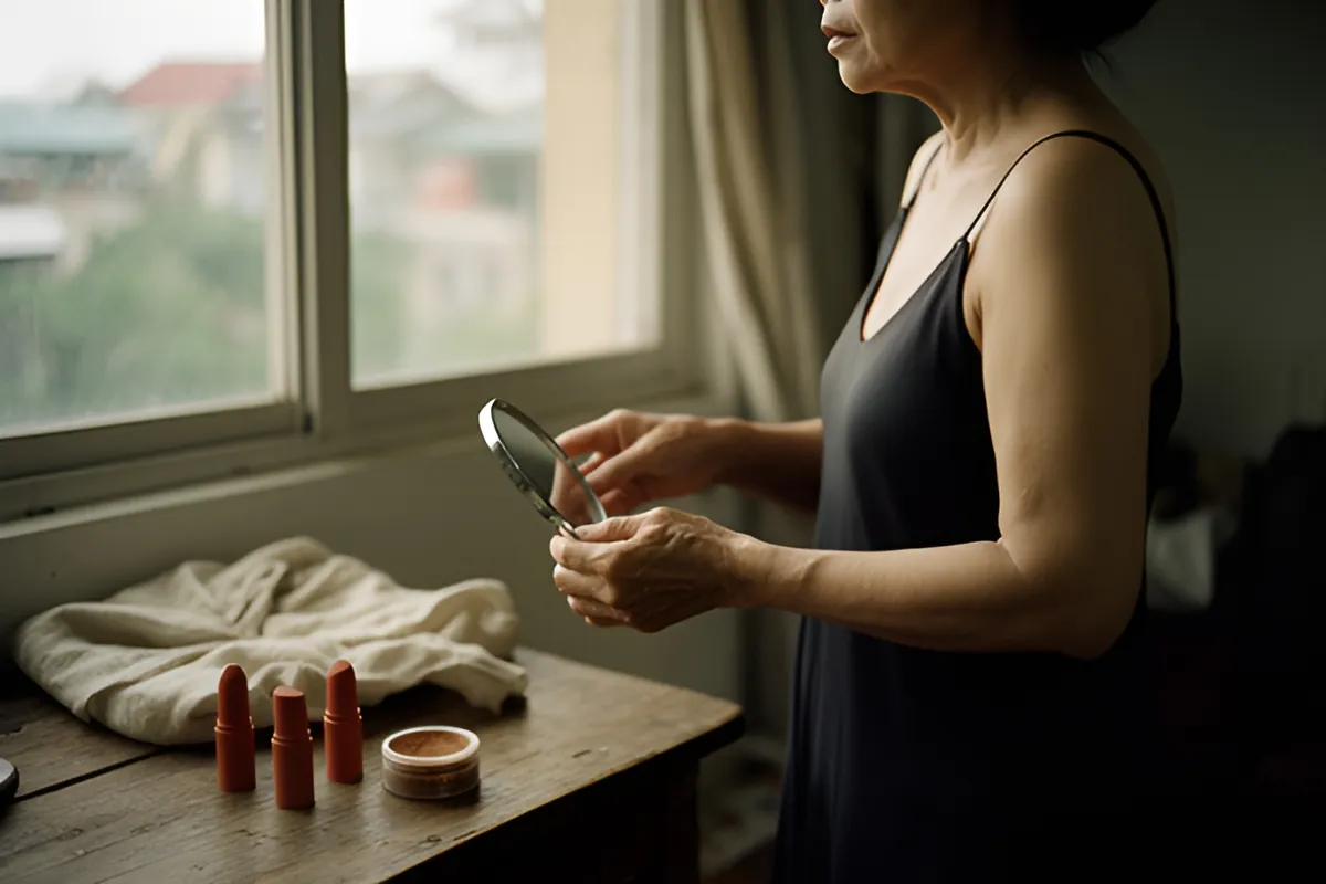 Một phụ nữ mặc váy đen đứng cạnh cửa sổ, cầm gương nhỏ soi, trên bàn gỗ có ba thỏi son và hộp phấn, ánh sáng chiều dịu
