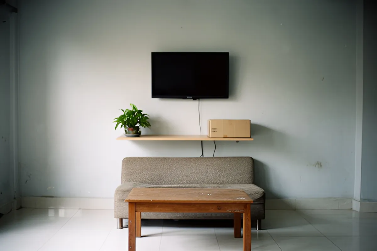 Phòng khách trống với tivi đen treo tường, kệ gỗ có chậu cây và thùng carton, ghế sofa và bàn gỗ thấp, nền gạch sáng