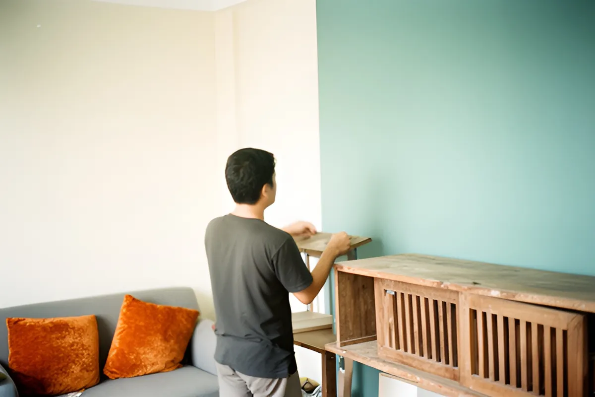 Một người đàn ông quay lưng đang kê chiếc kệ gỗ thấp sát tường xanh nhạt, cạnh ghế sofa xám với gối cam, phòng sáng đèn ngày