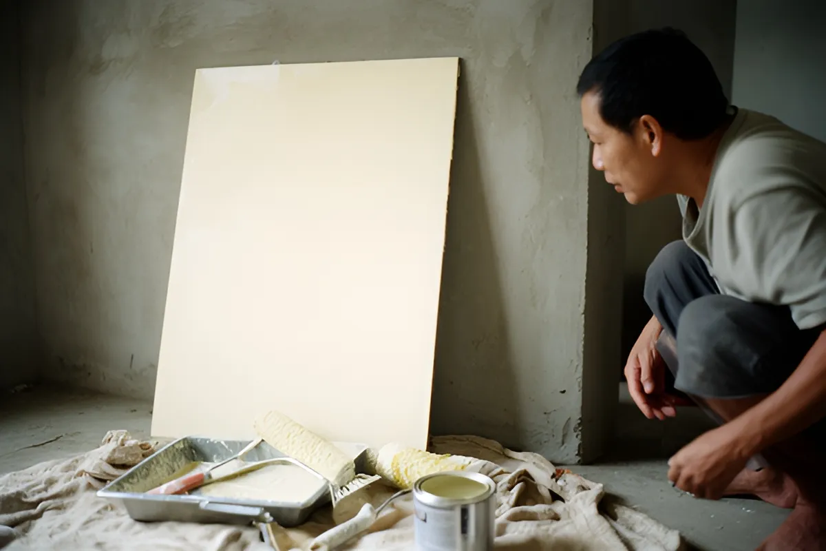 Một người đàn ông ngồi xổm nhìn tấm bảng sơn trắng dựa vào tường, dưới sàn có khay sơn, con lăn và hộp sơn mở trên vải