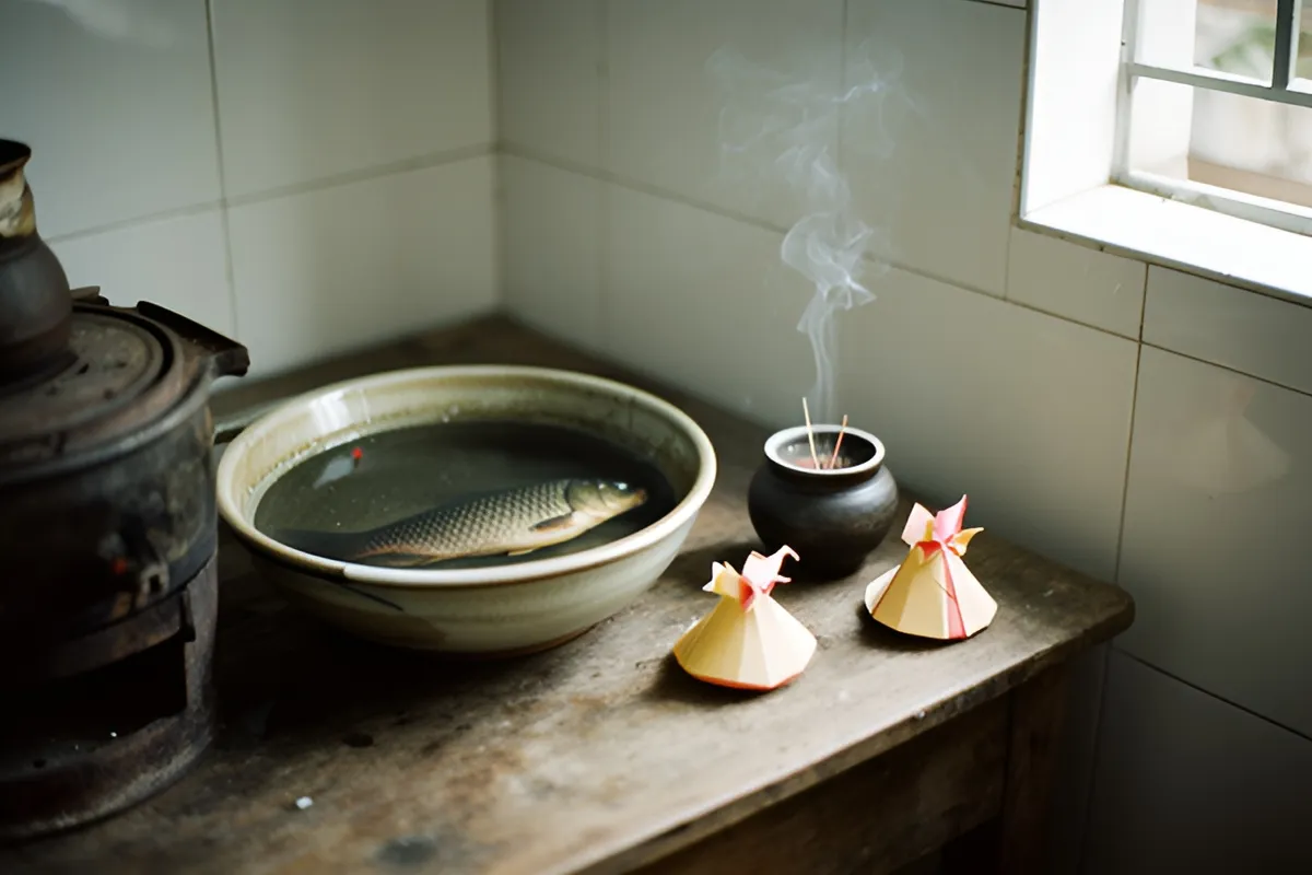 Góc bếp cũ với một con cá chép nằm trong chậu nước, hai mũ giấy nhỏ cạnh bát nhang đang tỏa khói, ánh sáng sáng từ cửa sổ