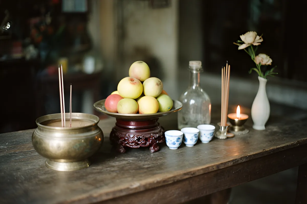 Bàn gỗ trong nhà với bộ đồ thờ: bát hương đồng, mâm quả trên đế gỗ, ba chén nhỏ, chai rượu, nến đang cháy và bình hoa trắng