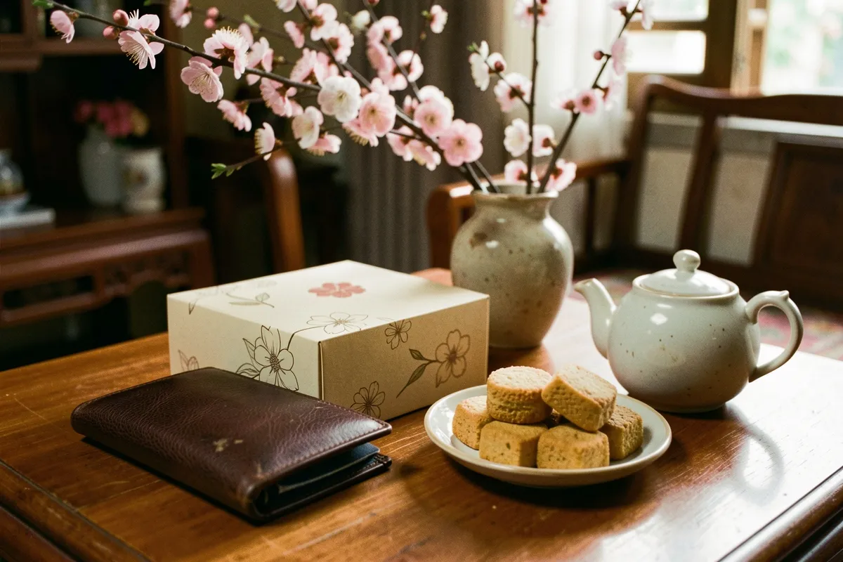 Trên bàn gỗ có ví da nâu, hộp quà in hoa, đĩa bánh vuông, ấm trà trắng và bình hoa đào trong ánh sáng ấm