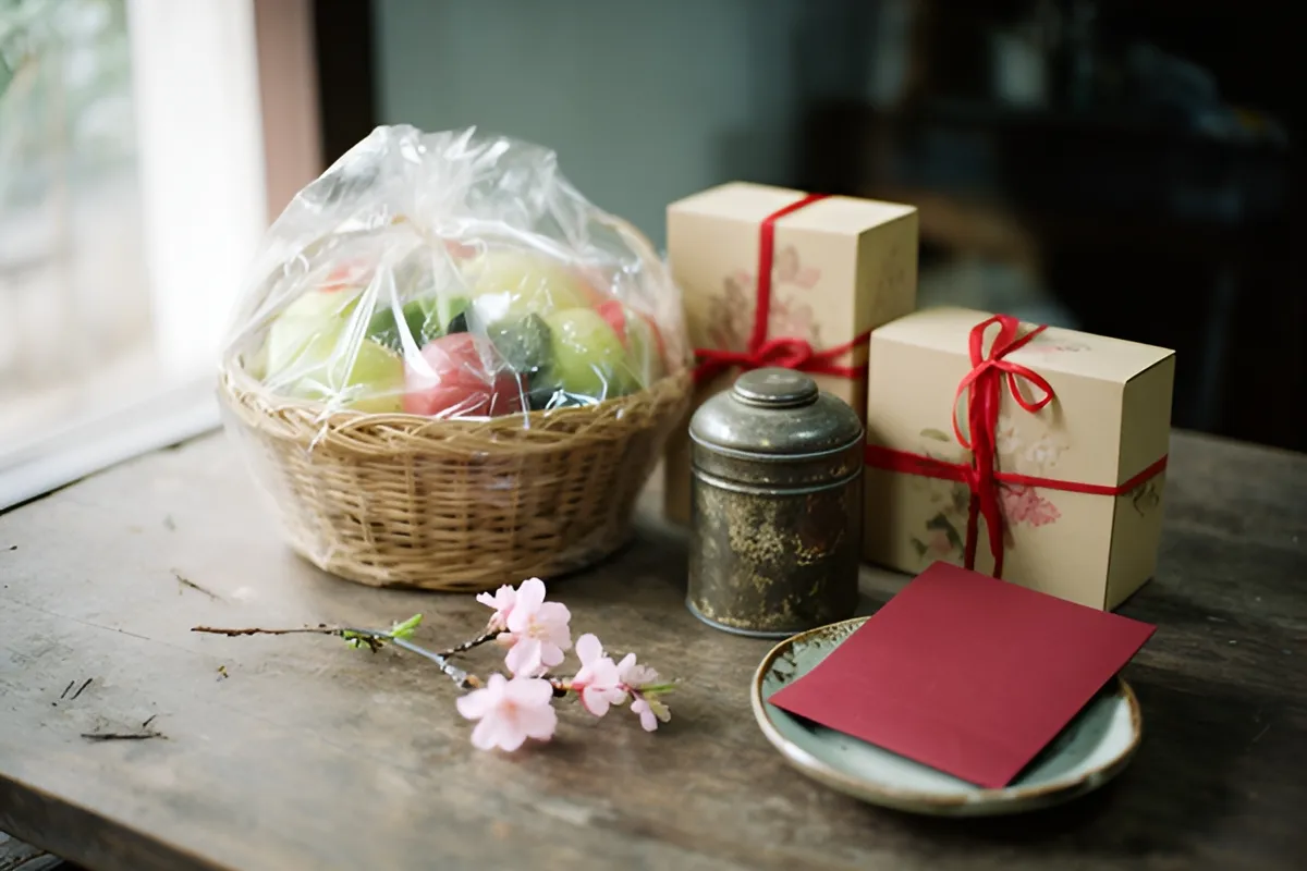 Bàn gỗ cũ trong nhà đặt một giỏ quà mây bọc màng nhựa đựng trái cây, hai hộp quà buộc ruy băng đỏ, một hộp kim loại nhỏ