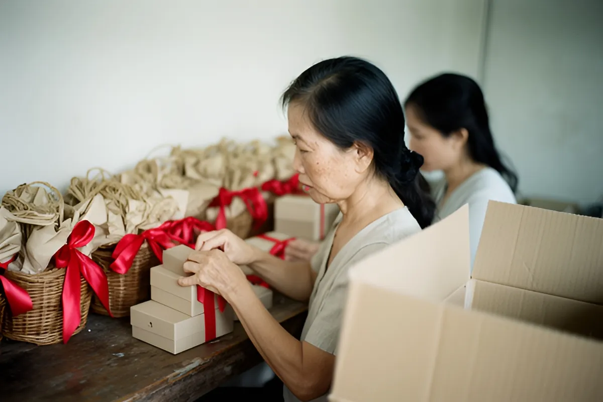 Một phụ nữ lớn tuổi ngồi bên bàn gỗ xếp hộp quà và thắt nơ ruy băng đỏ