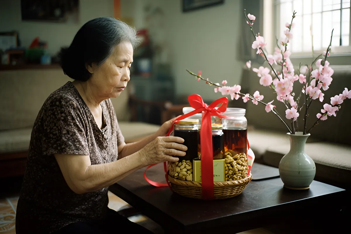 Một bà lớn tuổi ngồi bên bàn thấp trong phòng khách, tay chạm vào giỏ quà có lọ trà, hộp hạt và nơ đỏ