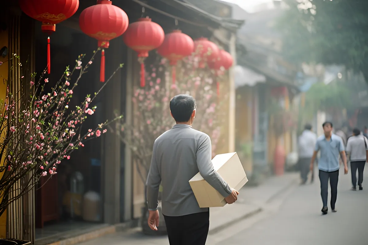 Một người đàn ông quay lưng ôm hộp trắng đi bộ trên phố, bên đường có đèn lồng đỏ và cành hoa đào, vài người ở xa