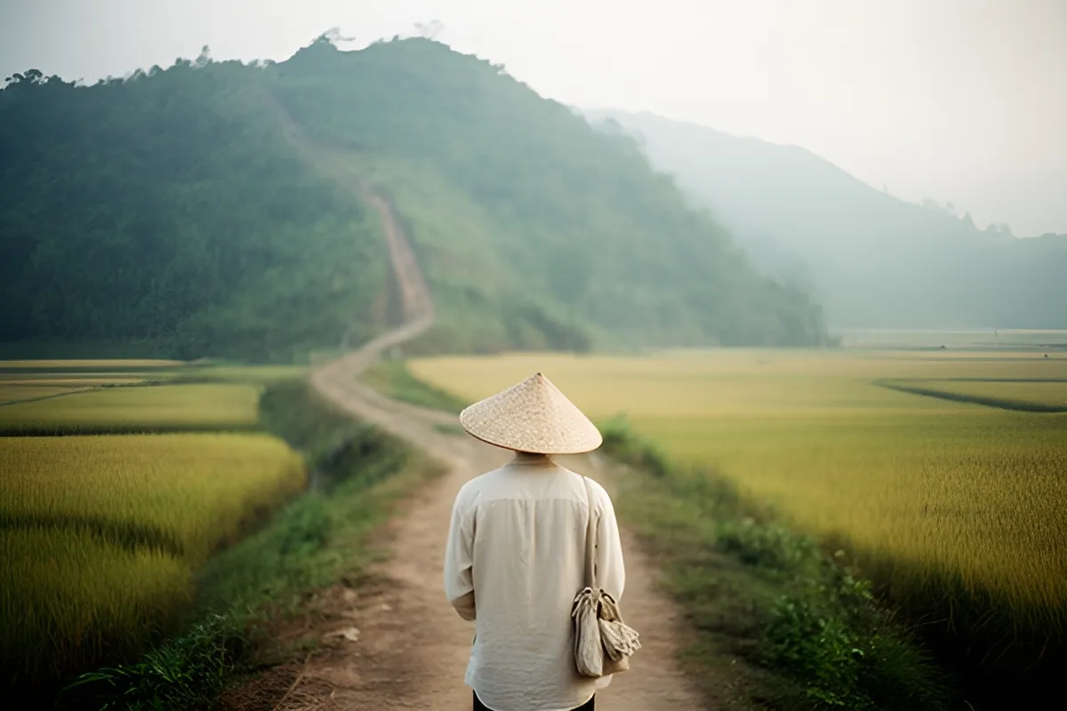 Một người đội nón lá, áo sơ mi trắng, đeo túi vải nhỏ, đứng trên lối đất hẹp giữa đồng lúa, núi xanh mờ sương phía trước