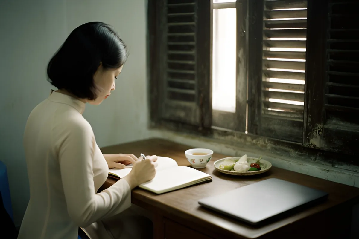 Một người phụ nữ tóc ngắn ngồi viết sổ tại bàn gỗ cạnh cửa sổ đóng, trên bàn có tách trà