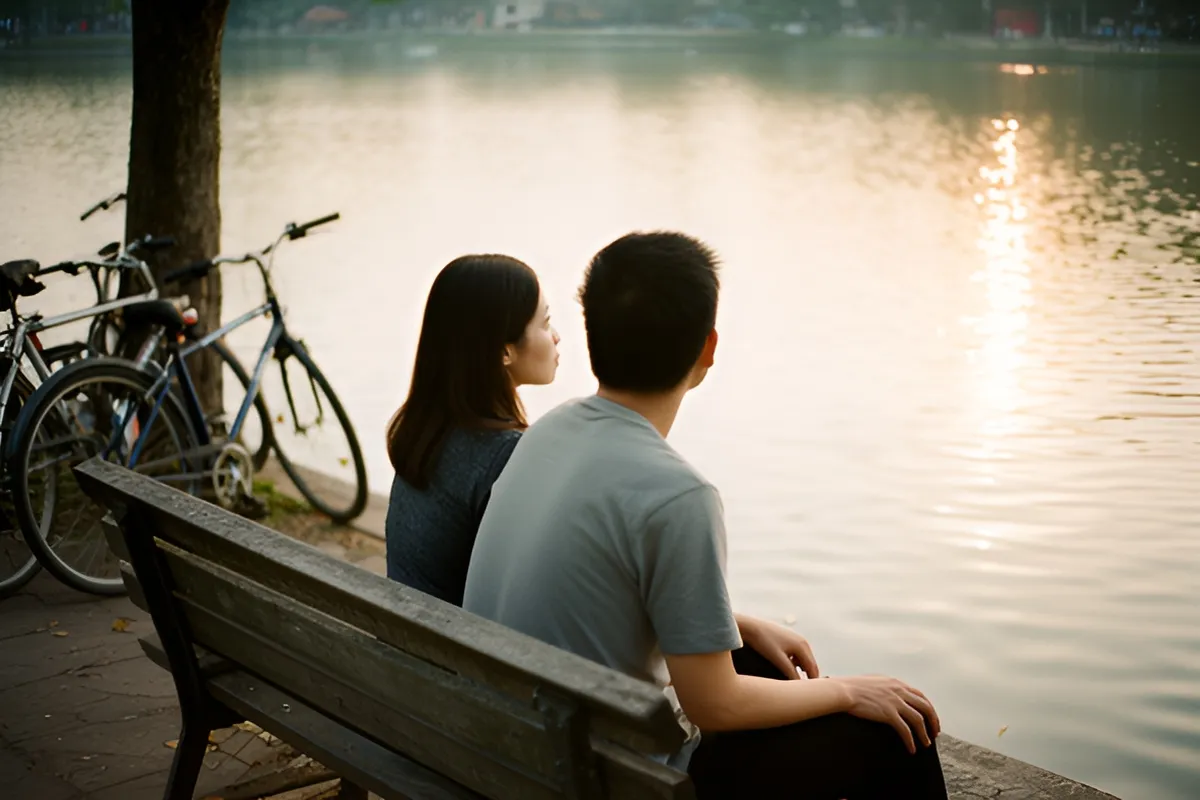 Hai người ngồi cạnh nhau trên ghế gỗ dài bên hồ, nhìn mặt nước, vài chiếc xe đạp đậu gần gốc cây