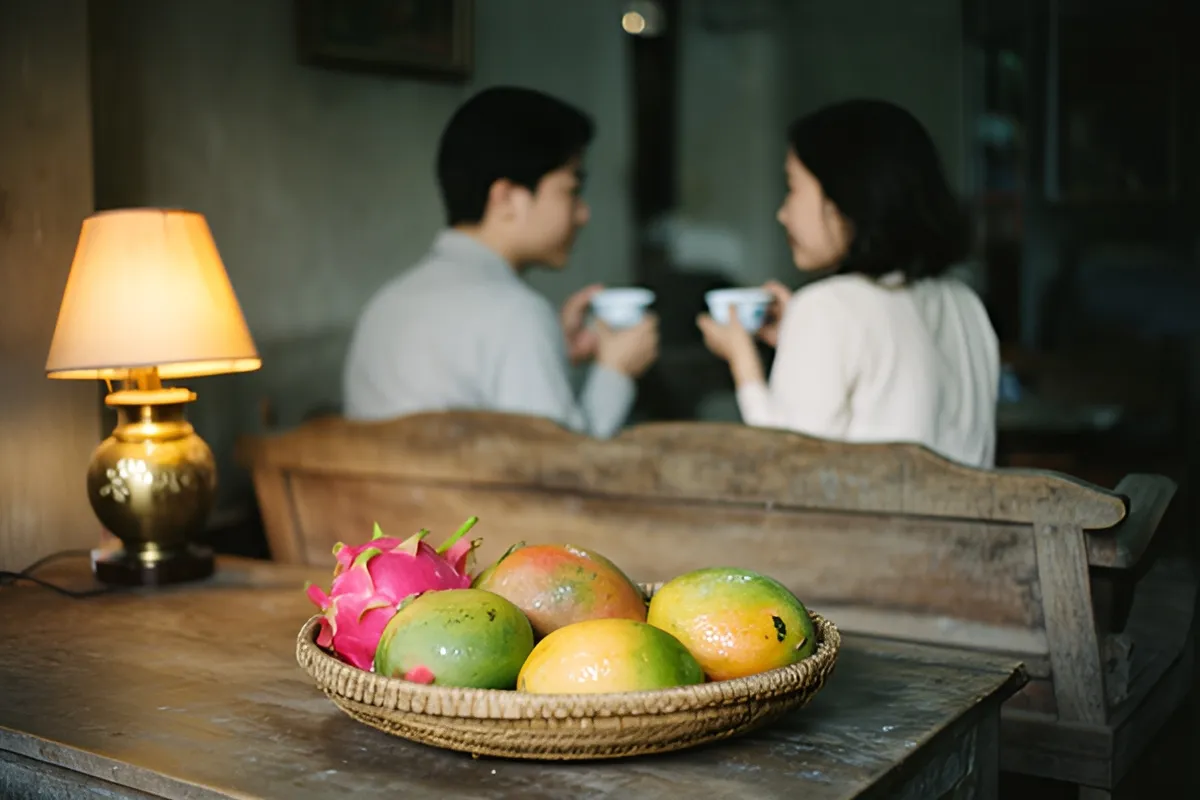 Hai người ngồi cạnh nhau trên ghế gỗ dài, mỗi người cầm một chén nhỏ, cạnh chiếc đèn vàng và giỏ trái cây trên bàn gỗ