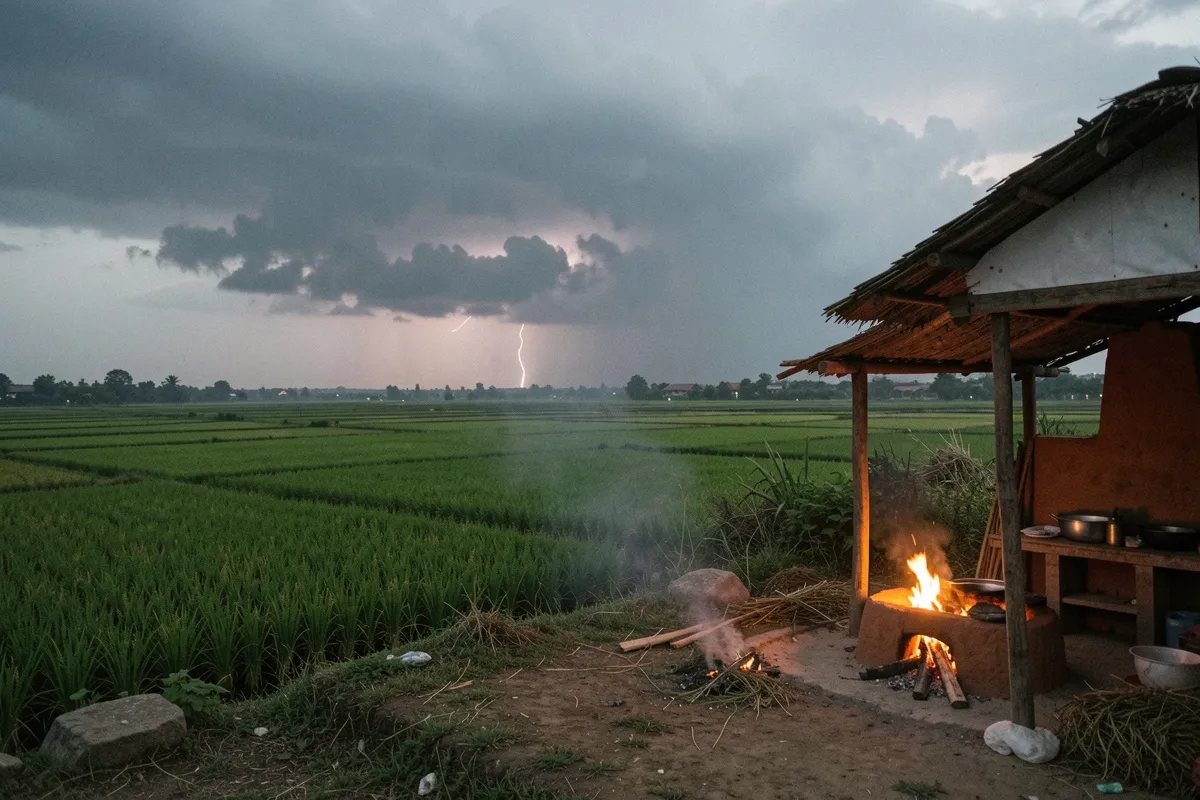 Cánh đồng lúa xanh rộng lớn dưới mây bão xám với tia chớp ở chân trời, bên phải là mái lá che một bếp đất nung đỏ lửa