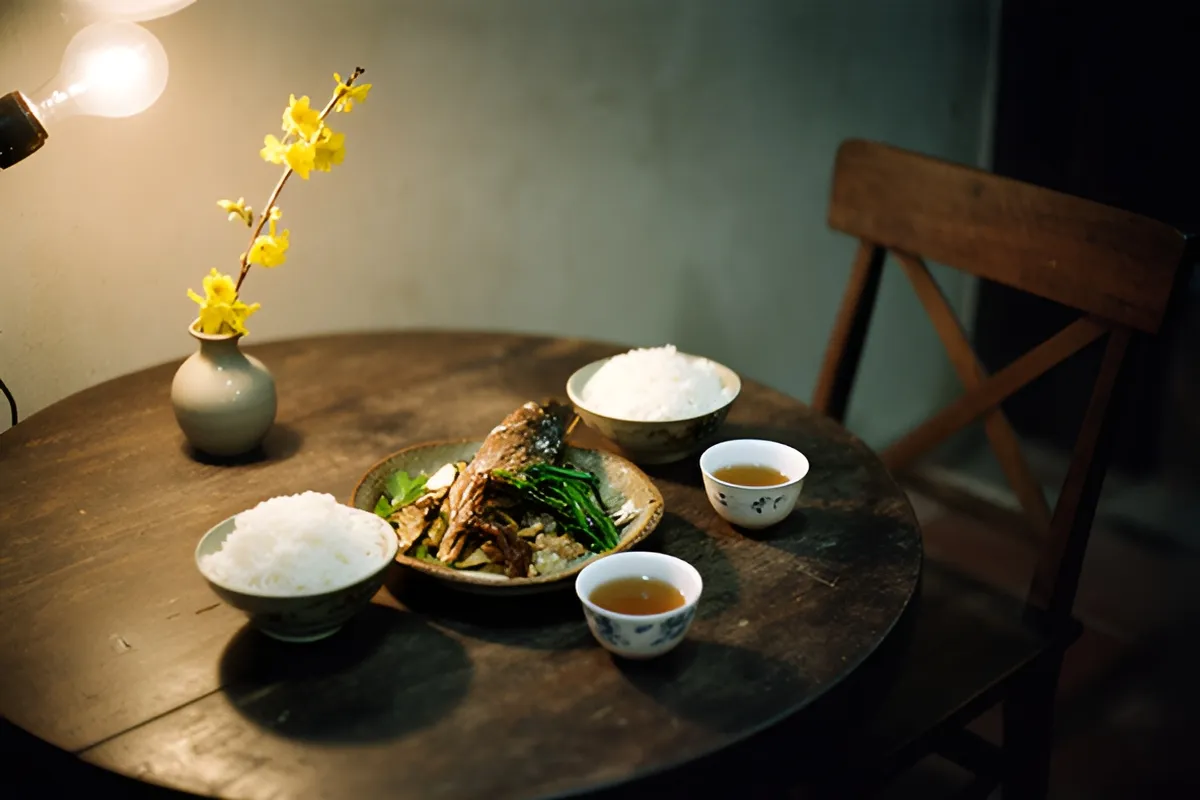 Bàn gỗ tròn bày hai bát cơm, một đĩa cá kho với rau, hai chén trà và bình nhỏ cắm cành hoa vàng, cạnh ghế gỗ dưới ánh đèn ấm