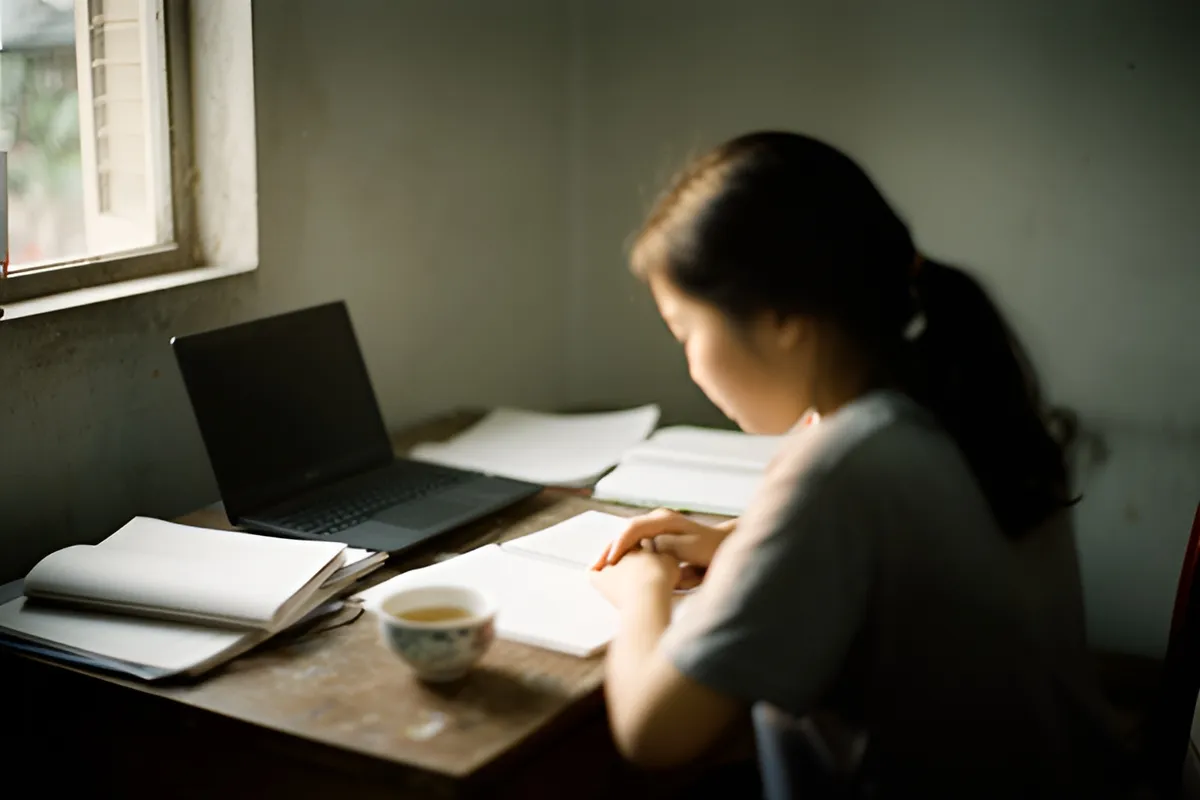 Một cô gái tóc đuôi gà ngồi cúi xuống bàn gỗ, tay đặt trên tập giấy, cạnh máy tính xách tay, ấm trà và vở