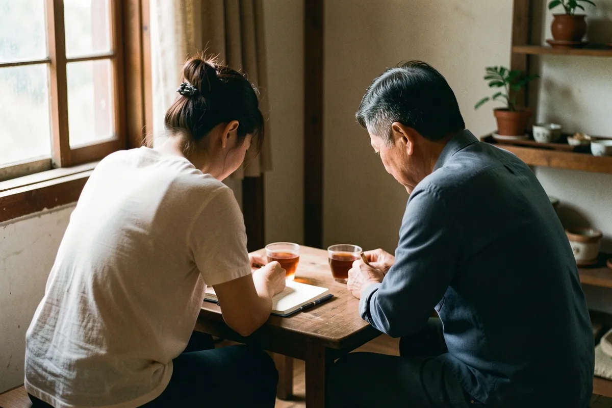 Hai người ngồi quay lưng bên bàn gỗ nhỏ, trước mặt có sổ, bút và hai ly trà, ánh sáng ấm từ cửa sổ chiếu vào