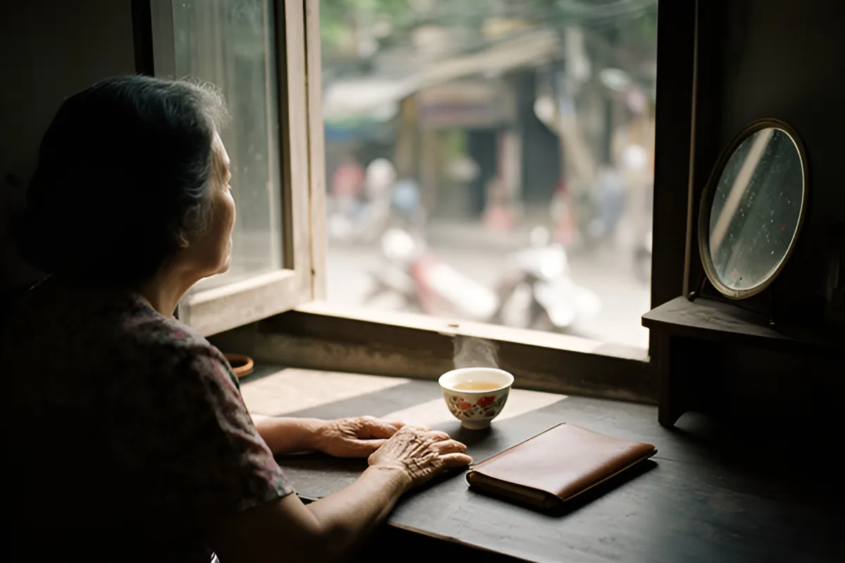 Một người phụ nữ lớn tuổi ngồi quay lưng bên cửa sổ, hai tay đặt trên bàn gỗ cạnh tách trà nóng và một cuốn sổ bìa nâu