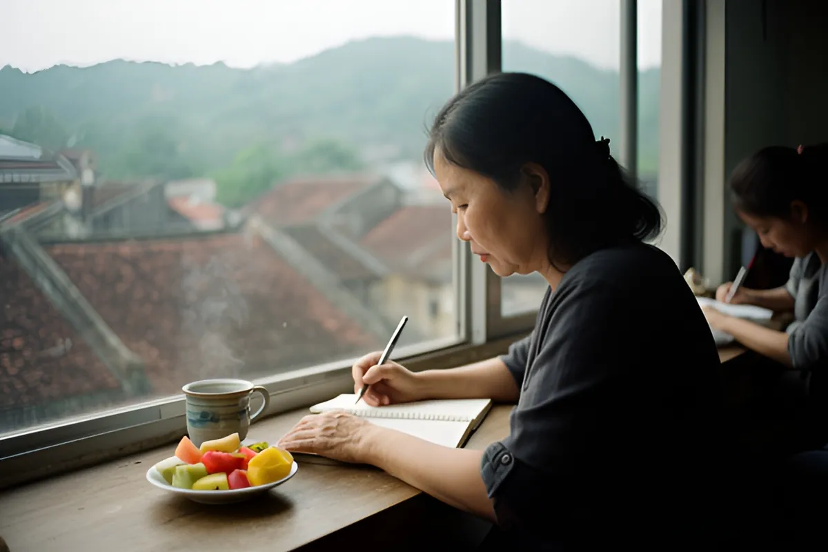 Một người phụ nữ ngồi bên cửa sổ viết sổ tay, cạnh là tách trà và đĩa trái cây, phía sau có người khác cũng đang viết