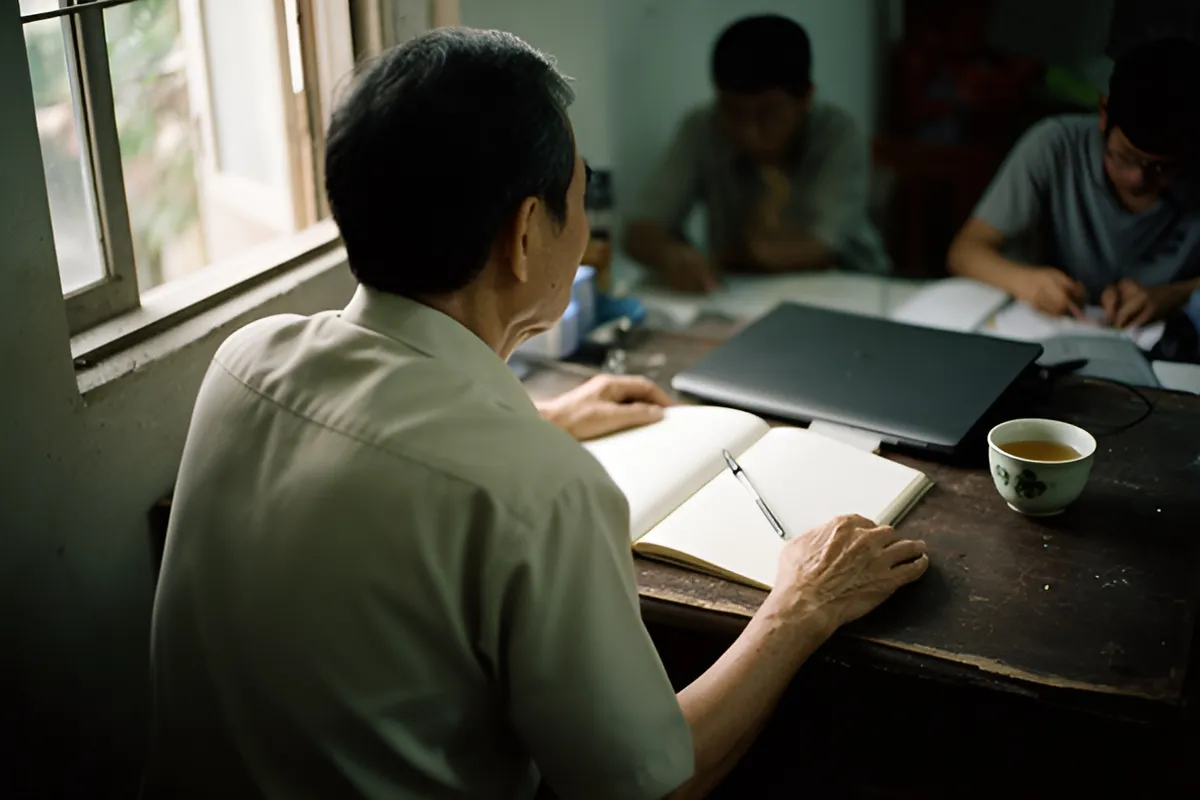 Một người đàn ông ngồi quay lưng bên bàn gỗ, tay đặt trên tập giấy và bút, cạnh ly trà và máy tính