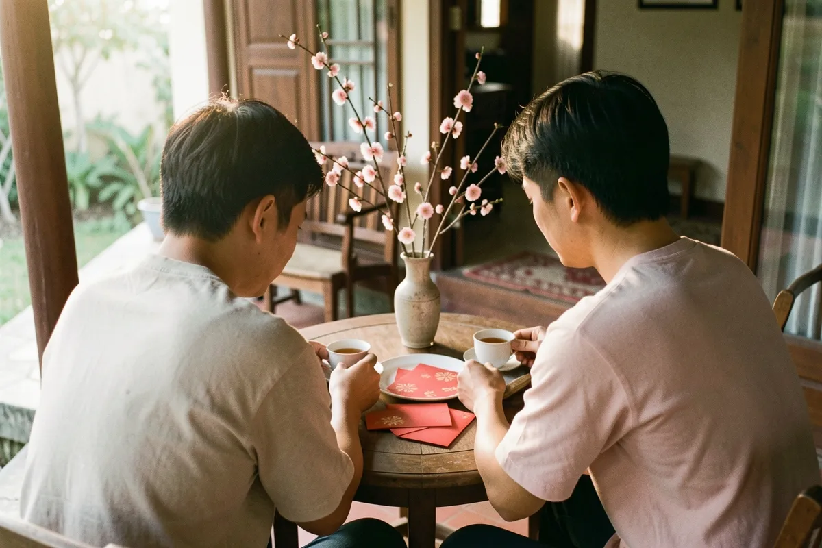 Hai người đàn ông trẻ ngồi quay lưng lại bên bàn gỗ tròn, mỗi người một tách trà, trên bàn có đĩa và vài phong bao đỏ
