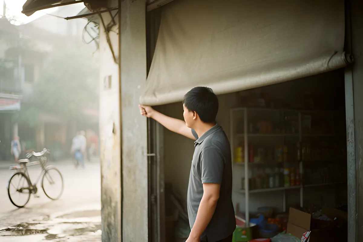 Một người đàn ông đứng nghiêng bên cửa tiệm, tay giơ cuộn tấm bạt lên, kệ hàng phía sau, xe đạp trên phố vắng buổi sớm
