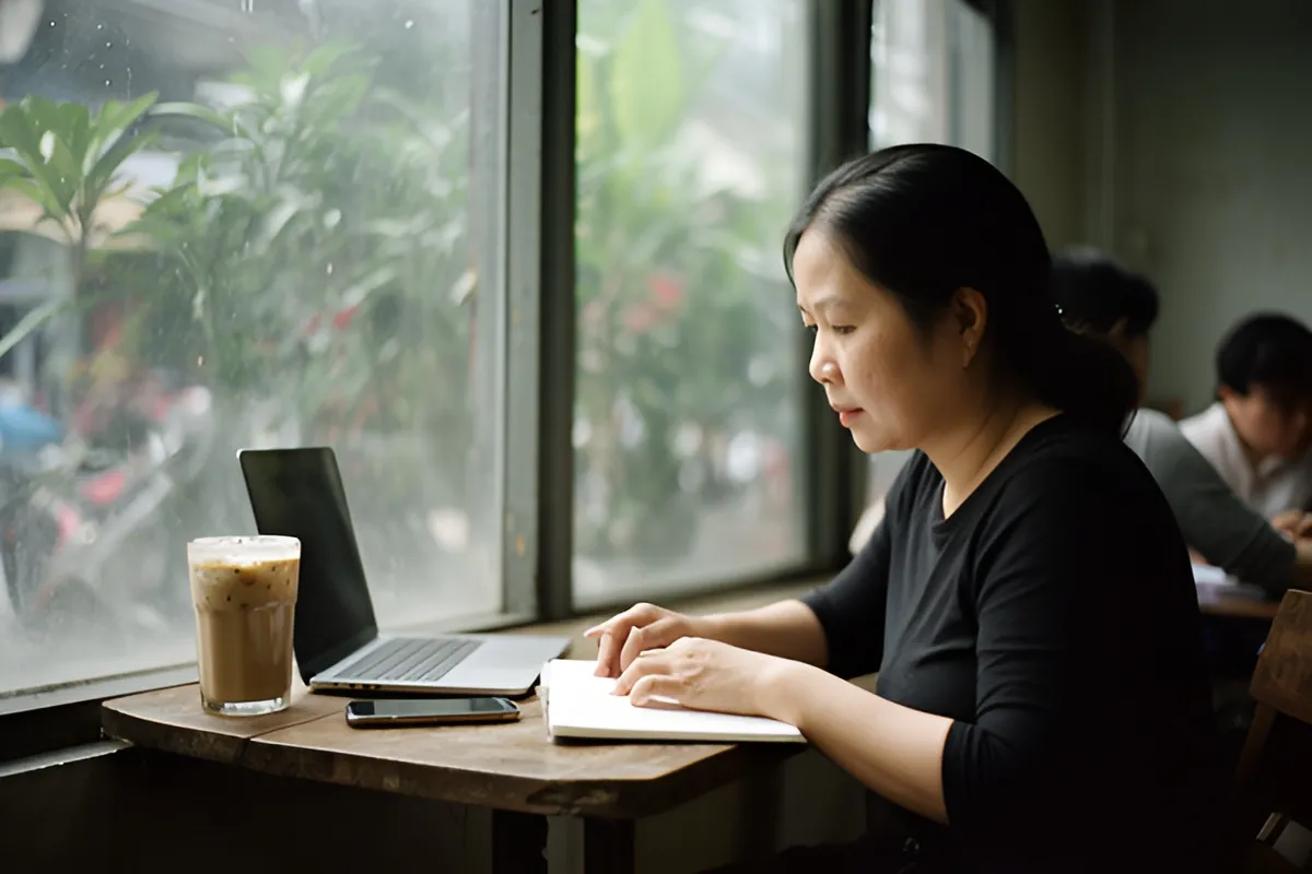 Một phụ nữ trung niên mặc áo đen ngồi bên bàn gỗ cạnh cửa kính, viết ghi chép vào sổ, trên bàn có máy tính