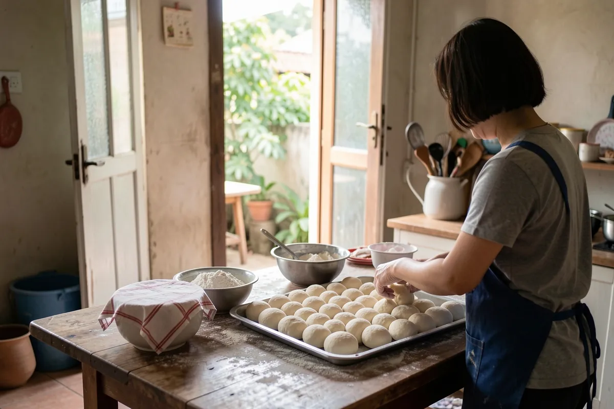 Một người phụ nữ đứng cạnh bàn gỗ, đang nặn những viên bột đều nhau trên khay, bên cạnh tô bột và tô đậy vải