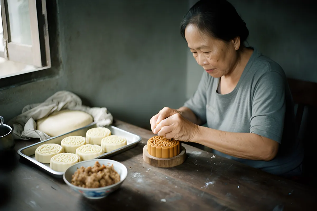 Một bà cụ tóc đen ngồi bên bàn gỗ, tay đang nắn khối bánh trên khuôn gỗ, cạnh đó có khay bánh và bát nhân, sáng sáng cửa sổ