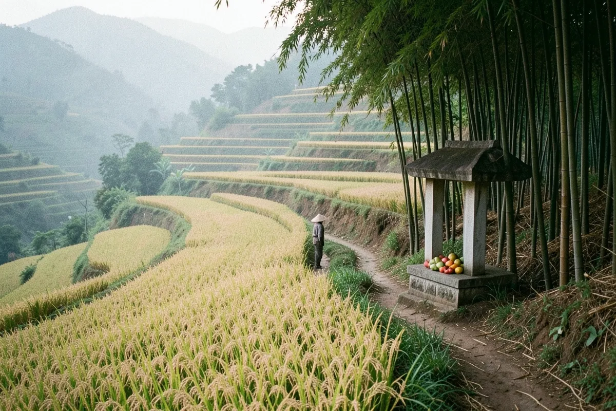 Một người đội nón lá đứng trên lối mòn giữa ruộng bậc thang vàng rực, bên cạnh một đền đá nhỏ có mâm quả dưới rặng tre