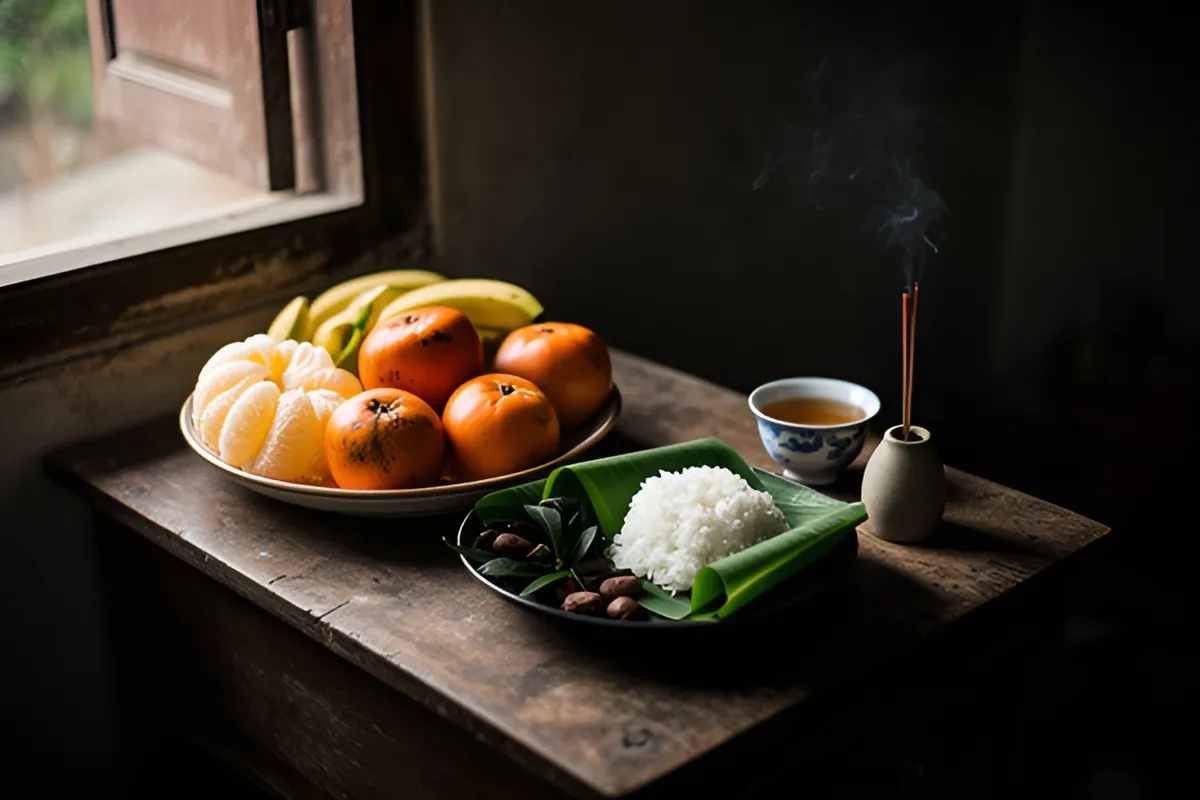 Trên bàn gỗ tối bên cửa sổ có khay trái cây, đĩa xôi trắng trên lá chuối, trầu cau, chén trà và một nén nhang đang tỏa khói