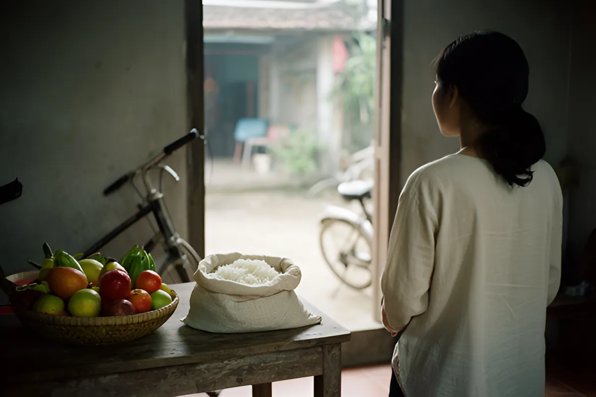 Một phụ nữ đứng quay lưng nhìn ra cửa sân, trên bàn gỗ có giỏ trái cây và túi vải đựng gạo, xe đạp tựa cạnh cửa