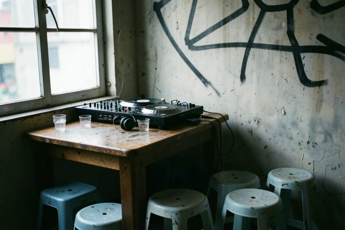 Góc phòng có bàn gỗ đặt bàn xoay DJ, bộ trộn âm, tai nghe và vài ly nhựa, ghế nhựa bên dưới, tường bê tông vẽ nét đen