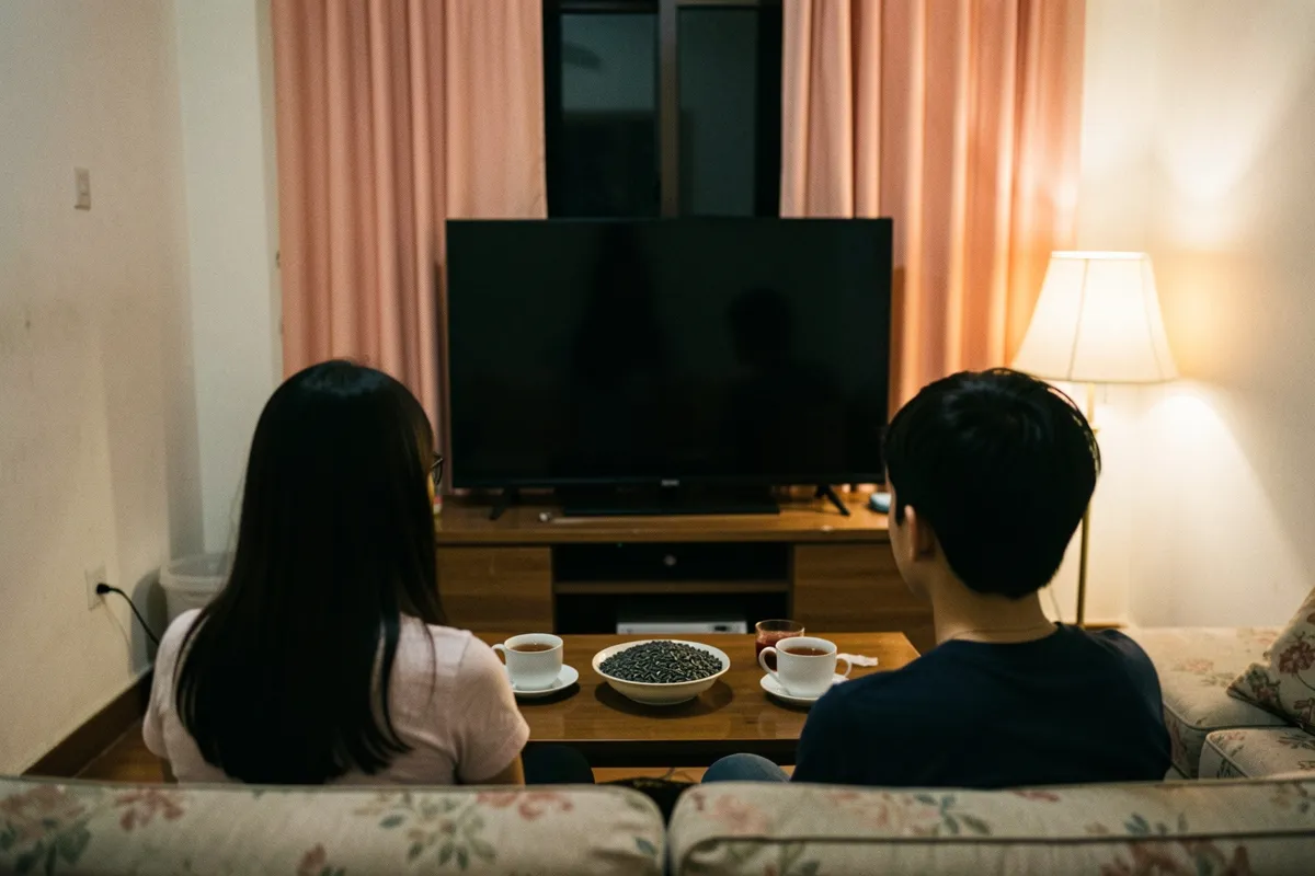 Hai người ngồi trên ghế sofa hoa nhìn về phía tivi đen, trên bàn có bát hạt và hai tách trà, đèn bàn chiếu sáng ấm