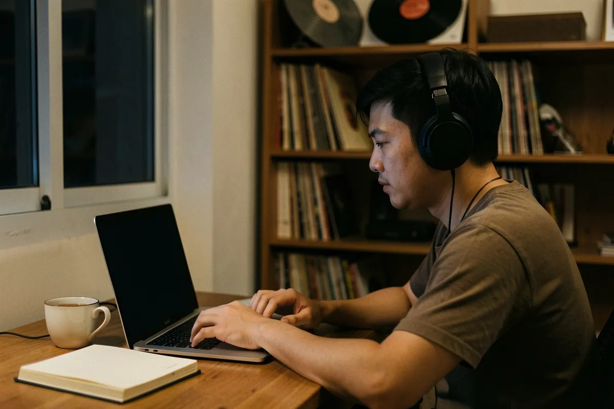 Một người đàn ông trẻ đeo tai nghe ngồi bên bàn gỗ gõ trên laptop, trước mặt có sổ và cốc trà