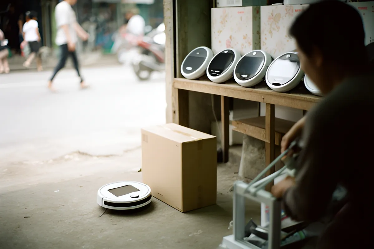 Một người ngồi cạnh giá gỗ trưng bày máy hút bụi tròn, một chiếc nằm trên nền bên thùng giấy
