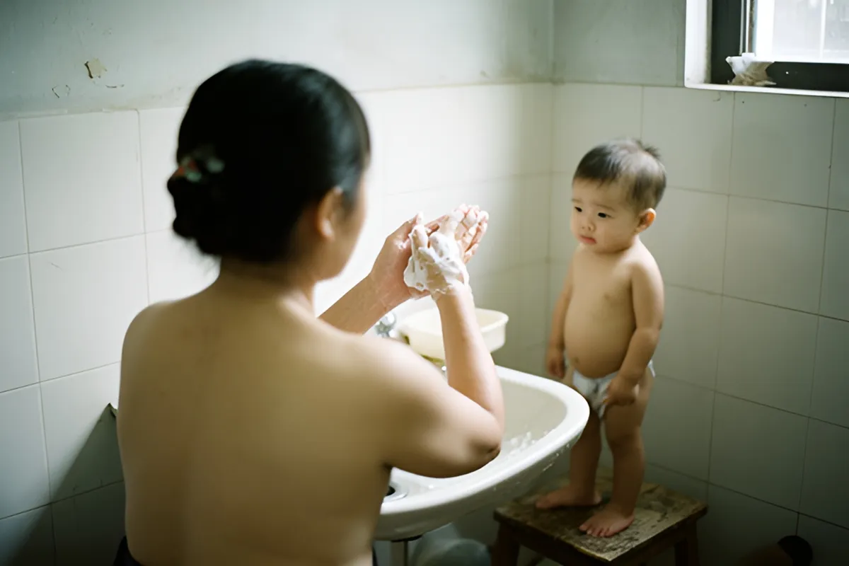 Một phụ nữ quay lưng rửa tay có bọt xà phòng bên bồn rửa, một em bé nhỏ trần thân đứng trên chiếc ghế nhỏ cạnh đó nhìn theo