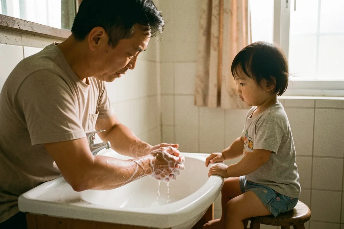 Một người đàn ông rửa tay tại bồn, một trẻ nhỏ ngồi ghế đẩu nhìn theo, trong phòng tắm với ánh sáng ấm từ cửa sổ